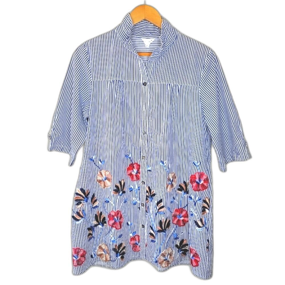 CHAN LEA Blue White Vertical Stripe Floral Embroidered Pintuck Button Up Shirt